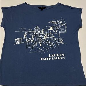 Lauren Ralph Lauren Blue Tee with White Scenic Design L NWT